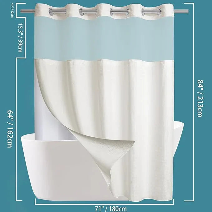 Extra Long No Hook Waffle Weave Shower Curtain with Snap in Liner Set, Hotel Luxury Beige Shower Curtains for Bathroom with See Through Top Window, Waterproof, Washable 71W x 84H - ModernBath