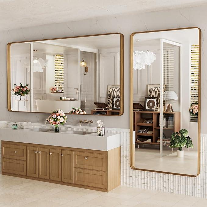 LOAAO 72X40 Inch Bathroom Mirror with Wood Grain Colored Metal Frame, Rounded Rectangle Metal Framed Bathroom Mirror, Anti-Rust, Hangs Horizontally or Vertically, Tempered Glass - ModernBath