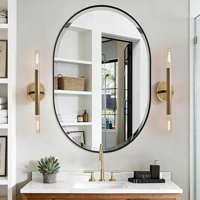 POZINO Oval Beveled Mirror, 24"x36" Bathroom Mirror for Over Sink, Rounded Rectangle Mirrors, Modern Oblong Vanity Wall Mirrors in Premium Stainless Steel Frame Hangs Horizontal Or Vertical - ModernBath