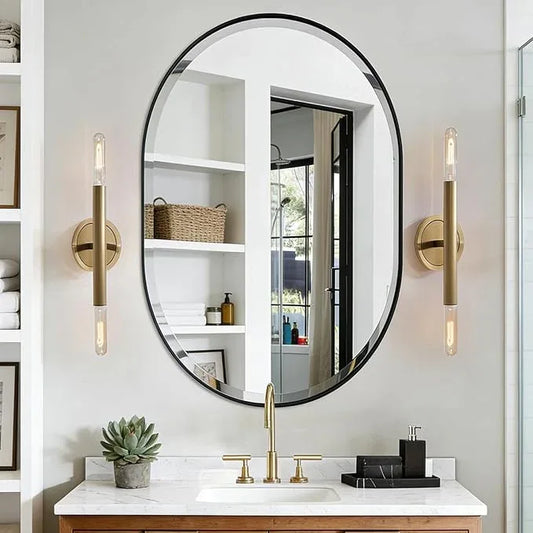 POZINO Oval Beveled Mirror, 24"x36" Bathroom Mirror for Over Sink, Rounded Rectangle Mirrors, Modern Oblong Vanity Wall Mirrors in Premium Stainless Steel Frame Hangs Horizontal Or Vertical - ModernBath