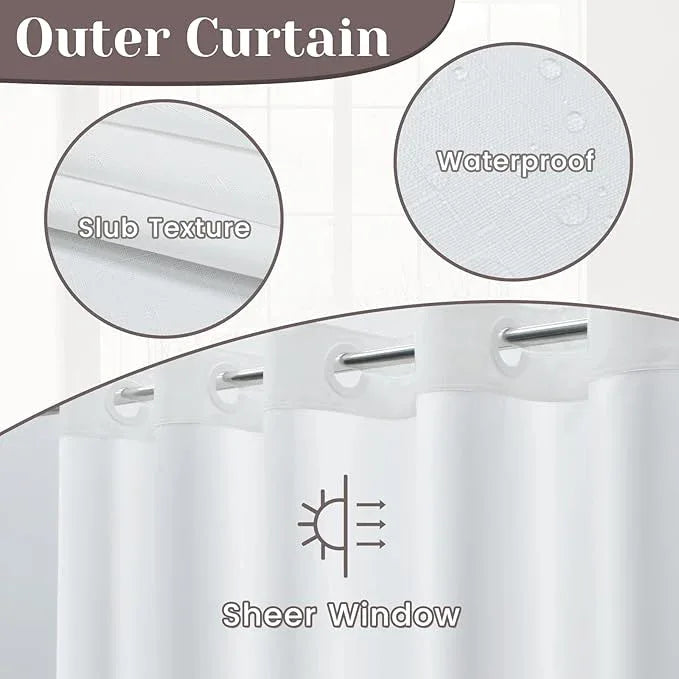 SORTTO No Hook Slub Textured Shower Curtain with Snap in Liner - White Fabric Outer Curtain & Waterproof Inner Liner, Hotel Style with See Through Top Window, 71x77 in - ModernBath