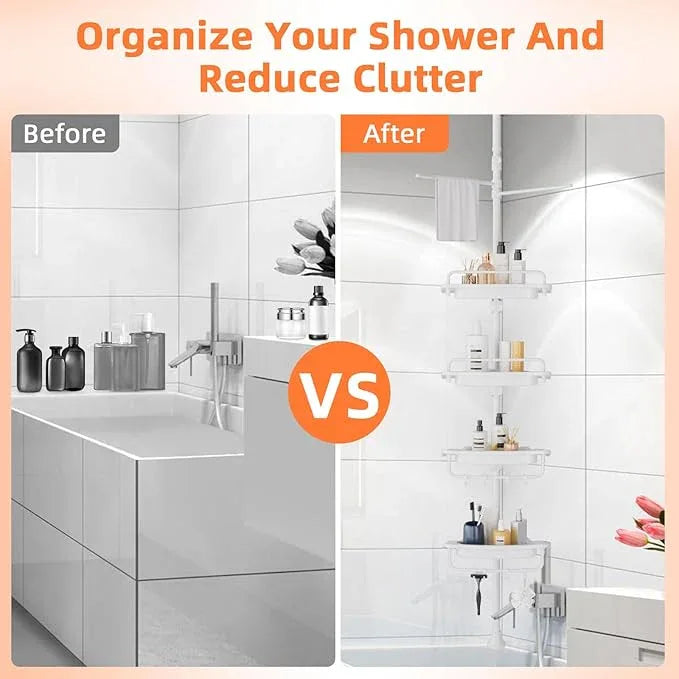32-122inch Corner Shower Caddy Tension Pole All White, Rustproof Drill-Free Shower Shelves for Bathroom Bathtub Washbasin, Adjustable Shower Organizer with 4 Tier Patent Shelves & Towel Bars - ModernBath