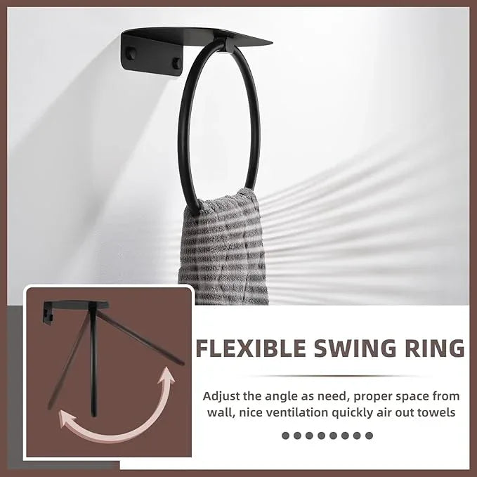 APLusee Matte Black Bath Towel Ring with Shelf, Stainless Steel Towel Holder, Wall Mount - ModernBath