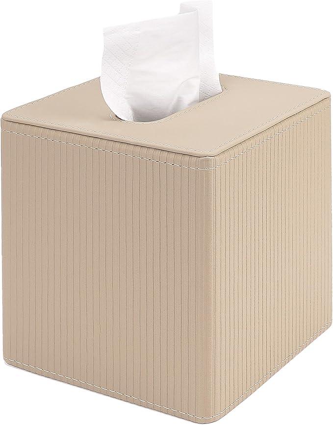 DODAMOUR Vertical Stripe Tissue Box Cover Cube – Ribbed PU Leather Square Holder, Magnetic Bottom Napkin Dispenser for Modern Home Office, Bedroom Nightstand (Khaki) - ModernBath