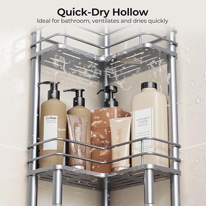 Orimade Rustproof 3 Tier Floor Standing Corner Shower Caddy Organizer with Toothbrush Holder, Large Spacing Floor Shower Shelf Rack Storage Stands with Hooks for Bathroom Kitchen, Silver - ModernBath