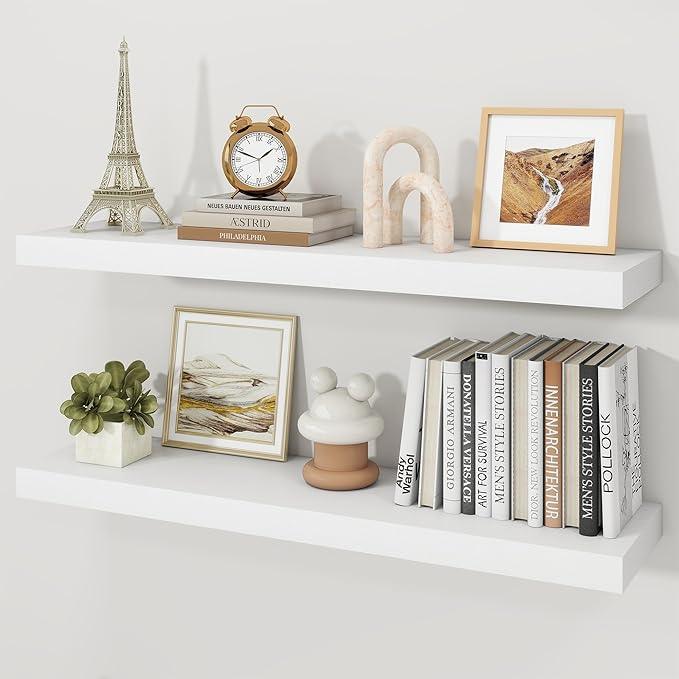 Floating Shelves for Wall, Wall Mounted Rustic Wood Shelves for Bathroom, Bedroom, Living Room, Kitchen, Hanging Shelf for Books/Storage/Room Decor (White, 36") - ModernBath