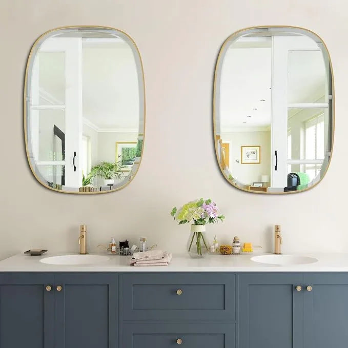 POZINO Gold Bathroom Mirror, 24"x32" Brass Rounded Rectangle Mirrors, Brushed Beveled Mirrors for Over Sink, Modern Vanity Wall Mirror in Premium Stainless Steel Frame Hangs Horizontal Or Vertical - ModernBath