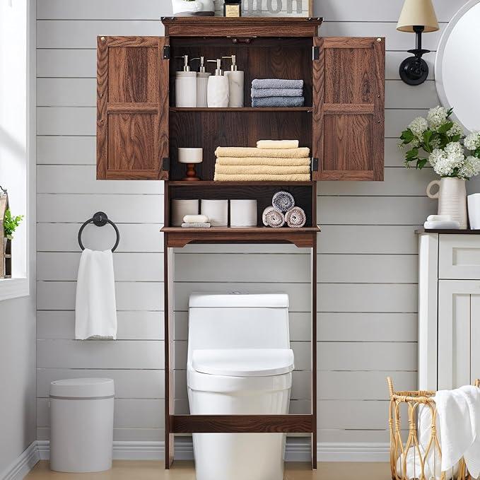 ACCOHOHO Over The Toilet Storage Cabinet, Farmhouse Bathroom Cabinet with Adjustable Shelf & Barn Door, 67" Tall Over The Toilet Shelf, Brown - ModernBath