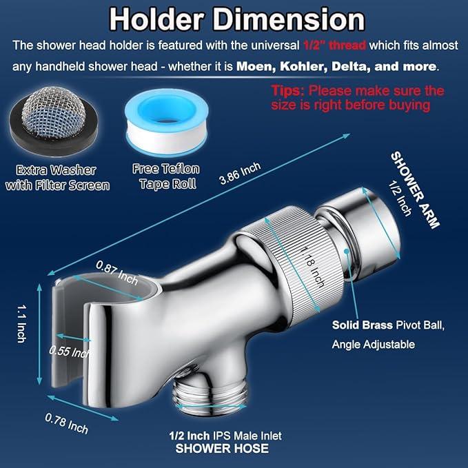 Shower Head Holder All Metal Adjustable Handheld Shower Arm Mount, 1/2" Shower Hose Holder Fits Most Hand Showerheads, Brass Hand Held Shower Head Holder, Easy to Install(Chrome) - ModernBath