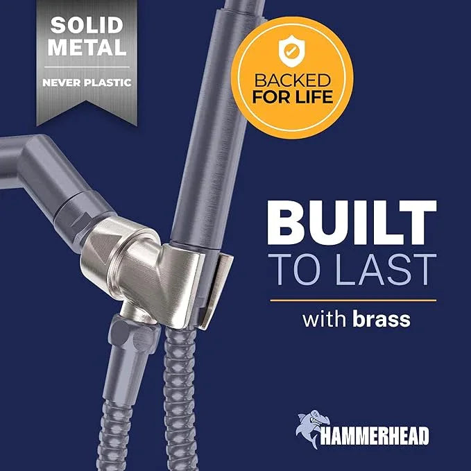 HammerHead Showers® Solid Metal Handheld Shower Head Holder - Brushed Nickel - Adjustable Shower Wand Holder with Universal Wall Hook Bracket and Brass Pivot Ball - Hand Held Shower Head Holder - ModernBath