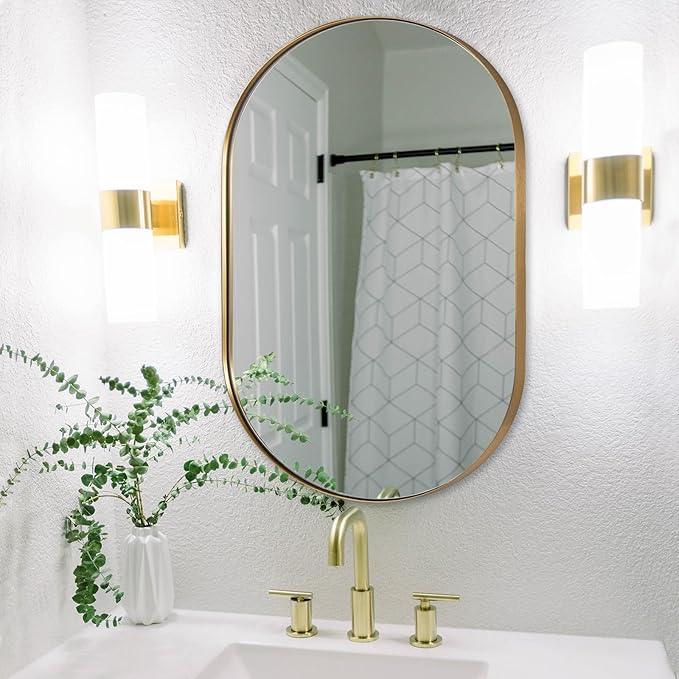 ANDY STAR Gold Oval Mirror, 24’’x36’’ Brass Mirror for Wall, Oval Mirrors for Bathroom in Stainless Steel Metal 1’’ Thin Frame Pill Shaped Hangs Vertical or Horizontal Ideal for Limited Space - ModernBath