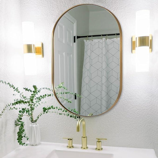 ANDY STAR Gold Oval Mirror, 24’’x36’’ Brass Mirror for Wall, Oval Mirrors for Bathroom in Stainless Steel Metal 1’’ Thin Frame Pill Shaped Hangs Vertical or Horizontal Ideal for Limited Space - ModernBath