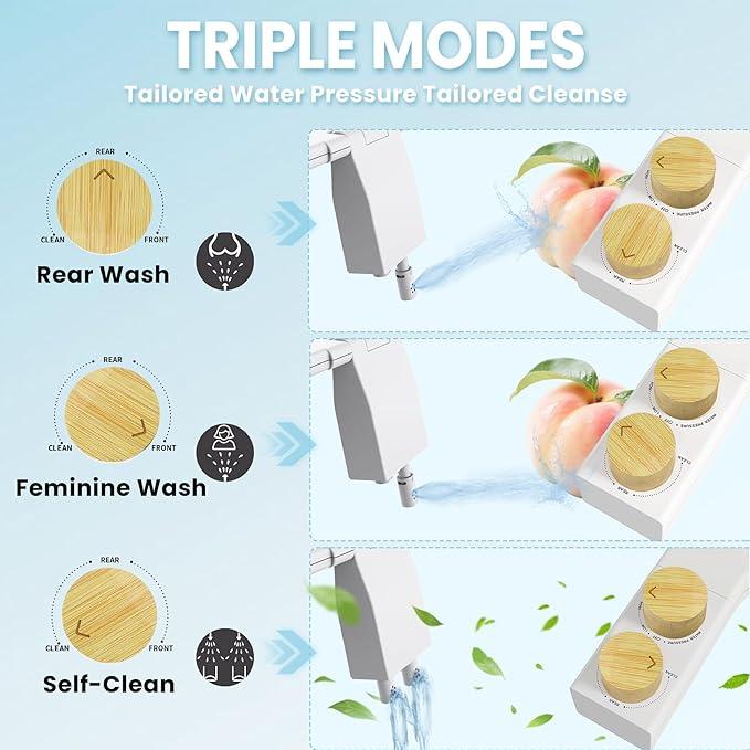 Terapaton Toilet Bidet With Left/Right Side Reversible Design, Fresh Water, Non-Electric, Toilet Bidet Attachment, Right/Left Hand Side with Dual Nozzle, Self-Clean, Easy to Install (Bamboo Knob) - ModernBath