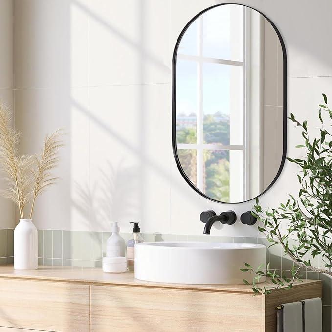 ANDY STAR Black Oval Mirror, 26x38'' Pill Shaped Mirror 1’’ Deep Metal Frame Wall Mounted Vertically&Horizontally Ideal for Limited Space - ModernBath