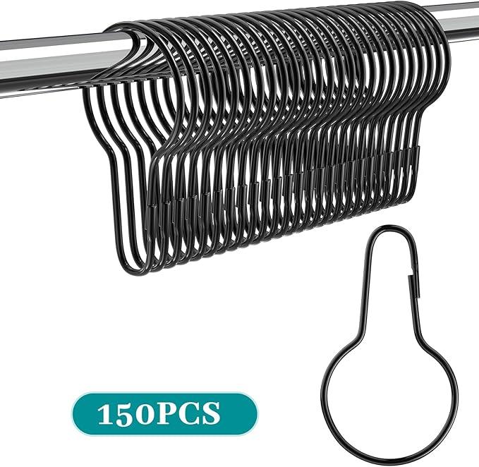 Geetery 150 Pcs Metal Shower Curtain Hooks Rust Proof Reusable Shower Curtain Hangers Multi Functional Stainless Steel Shower Curtain Rings for Bathroom Bedroom Kitchen (Black) - ModernBath