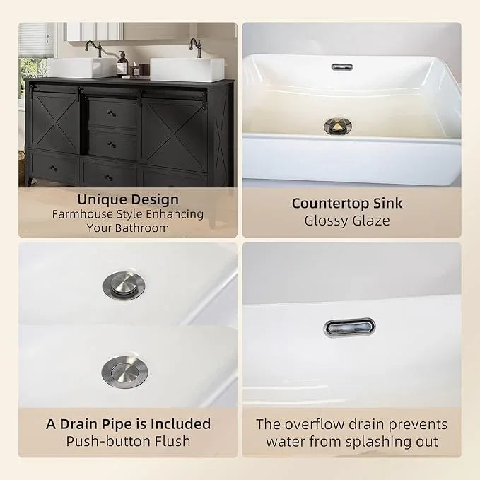 VNN Bathroom Vanity with Sink - 60 Inch Bathroom Vanity Double Sink Ceramic, Freestanding Cabinet with 2 Farmhouse Sliding Barn Doors and 5 Drawers, Space-Saving Storage Cabinet, Black Wood Grain - ModernBath