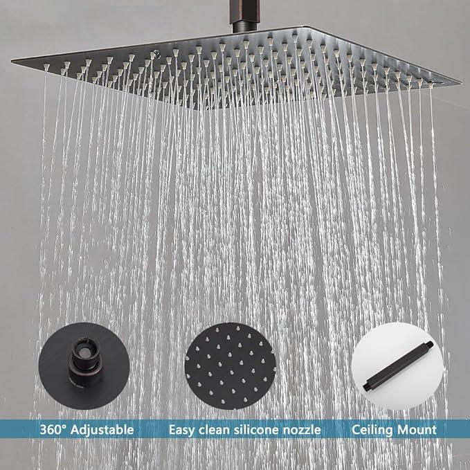 JingGang 12 Inch Ceiling Mount Oil Rubbed Bronze Shower System Bathroom Luxury Rain Mixer Shower Combo Set Ceiling Rainfall Shower Head System (Contain Shower Faucet Rough-in Valve Body and Trim Kit) - ModernBath