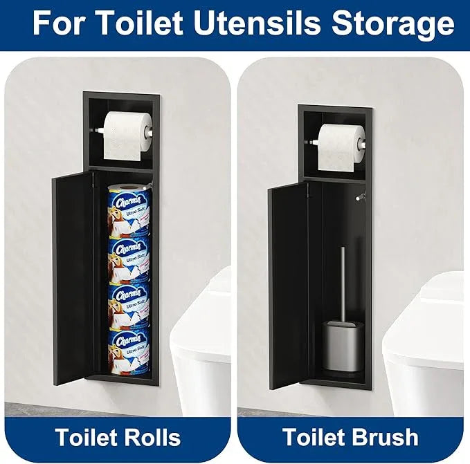 Recessed Toilet Paper Holder, SUS304 Stainless Steel Rustproof Recessed Toilet Paper Holder with Storage Cabinet, in Wall Tissue Paper Holder for Bathroom, Matte Black, 4.7" Depth - ModernBath
