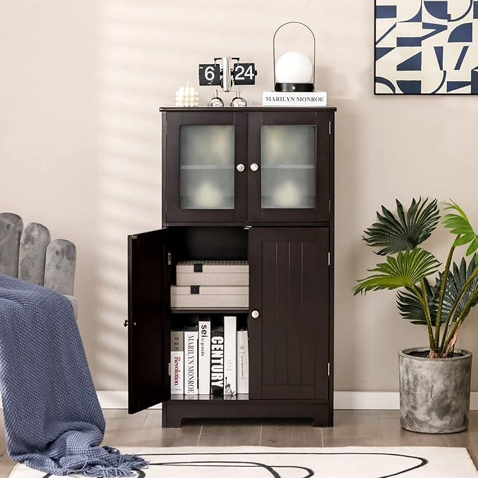 GOFLAME Bathroom Storage Cabinet, Freestanding Storage Cabinet with 4 Doors, Wooden Kitchen Cupboard with Adjustable Shelf, Buffet Sideboard, Multipurpose Home Organizer for Bathroom, Kitchen, Brown - ModernBath