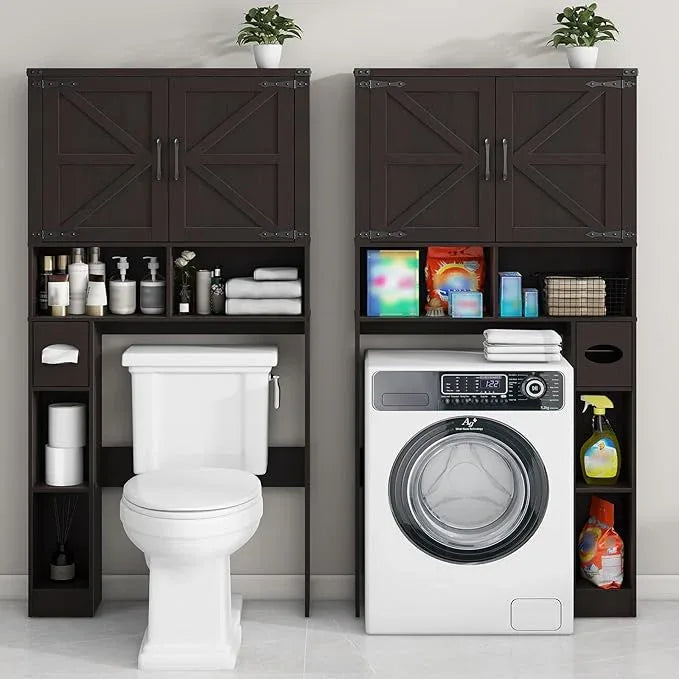 Vabches Over The Toilet Storage Cabinet, Farmhouse Storage Cabinet Over Toilet with 2 Barn Doors & Toilet Paper Holder Stand，Home Space-Saving Toilet Rack, for Laundry, Restroom, Bathroom.Walnut - ModernBath
