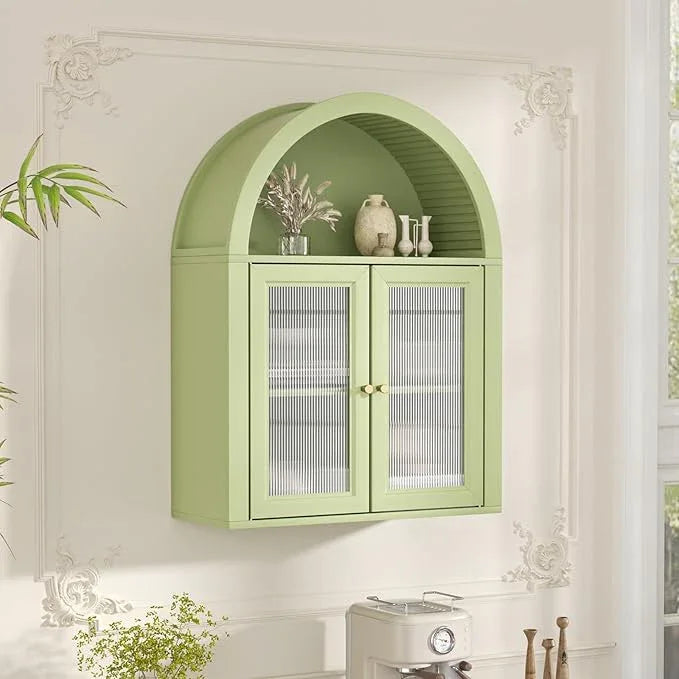 Arched Bathroom Cabinet, Wall Mounted Bathroom Cabinet with Tempered Glass Doors and Adjustable Shelf, for Kitchen, Living Room, Laundry Room, Restroom, Green - ModernBath