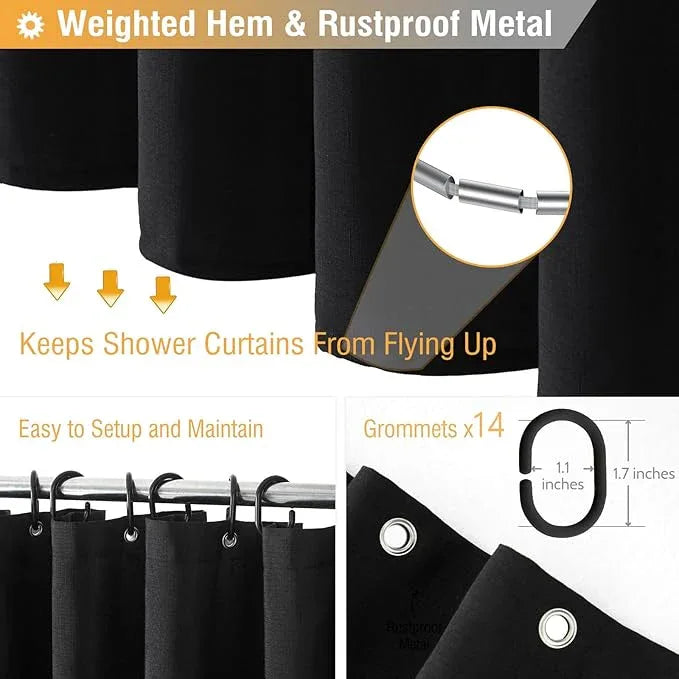 BTTN 84 Inch Wide Shower Curtain - W84xH72 Linen Textured Heavy Duty Fabric Cloth Shower Curtain Set with 14 Plastic Hooks, Large Hotel Simple Waterproof Polyester Bath Curtains for Bathroom - Black - ModernBath