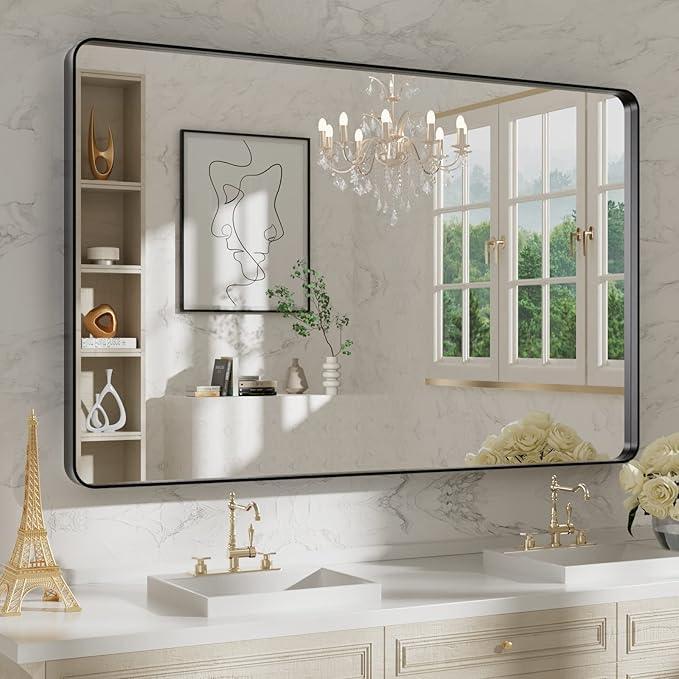 WEER 48X30 Inch Black Metal Framed Bathroom Mirror, Matte Black Bathroom Vanity Mirror, Rectangular Black Wall Mirror for Bathroom, Tempered Glass, Rounded Corner, Hangs Horizontal or Vertical - ModernBath