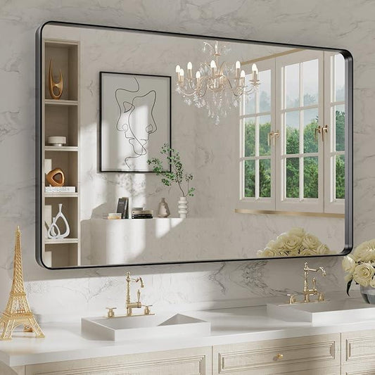 WEER 48X30 Inch Black Metal Framed Bathroom Mirror, Matte Black Bathroom Vanity Mirror, Rectangular Black Wall Mirror for Bathroom, Tempered Glass, Rounded Corner, Hangs Horizontal or Vertical - ModernBath