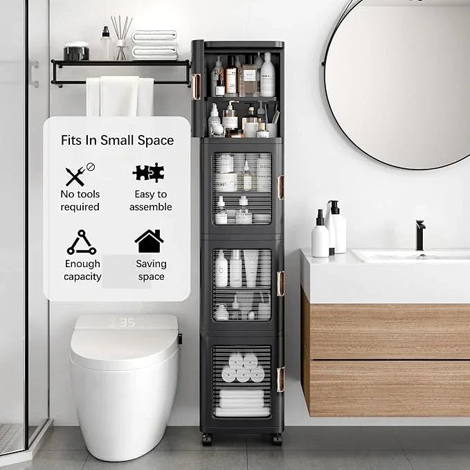VECELO 4-Tier Tall Narrow Storage Cabinet with Movable Wheels, Adjustable Shelves, Anti-Tip, Slim, for Small Space, Bathroom, Kitchen, Laundry, Black - ModernBath