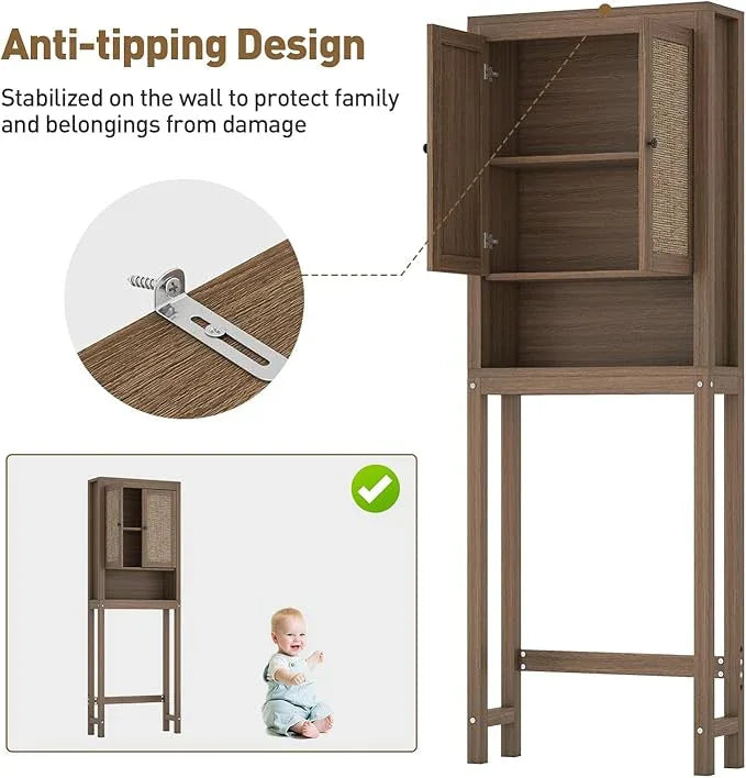 knoworld Rattan Over The Toilet Storage Cabinet, Above Toilet Bathroom Organizer with Adjustable Shelf, Behind Toilet Cabinet, Space Saver for Restroom, Bathroom, Laundry, Caramel Oak - ModernBath