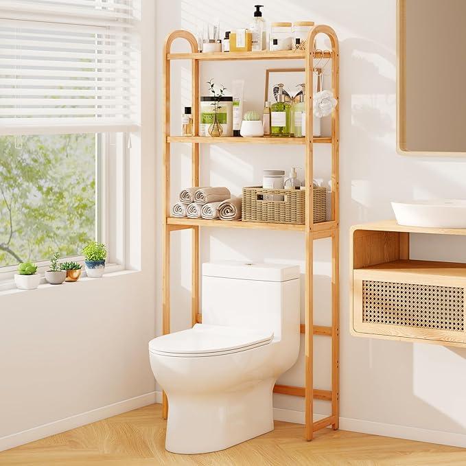 Giantex Over The Toilet Storage Cabinet, 3-Tier Bamboo Bathroom Shelves Over Toilet w/3 Hooks, Adjustable Shelves & Waterproof Feet Pad, Over Toilet Bathroom Organizer for Laundry, Balcony, Restroom - ModernBath