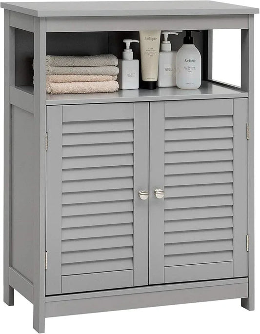 Tangkula Bathroom Floor Cabinet, Wooden Freestanding Storage Cabinet with Double Shutter Door & Adjustable Shelf, Storage Cabinet for Bathroom Living Room (Grey) - ModernBath