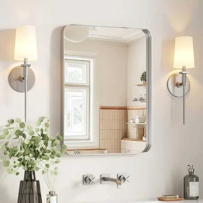 USHOWER Brushed Nickel Bathroom Mirror 22"x30", Silver Rectangle Mirror for Over Sink, Rounded Corner, Aluminum Frame, Anti-Rust, Tempered Glass, Horizontal or Vertical Mounted - ModernBath
