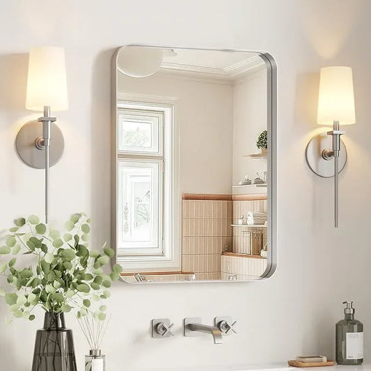 USHOWER Brushed Nickel Bathroom Mirror 22"x30", Silver Rectangle Mirror for Over Sink, Rounded Corner, Aluminum Frame, Anti-Rust, Tempered Glass, Horizontal or Vertical Mounted - ModernBath