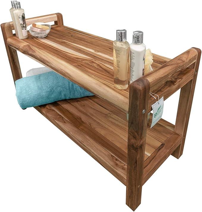 EcoDecors Eleganto 34 Inch Natural Color Waterproof Teak Wood Shower Bench Stool Seat Chair For Inside Shower Provides Safety, Storage, and Organization For Bathroom Accessories - ModernBath