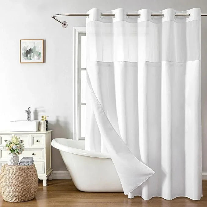 eachope No Hooks Needed Linen Textured Shower Curtain with Snap-in Fabric Liner Set,White Hotel Luxury Decor Shower Curtains for Bathroom with Mesh Top Window,Waterproof & Washable,71Wx77H - ModernBath