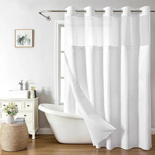 eachope No Hooks Needed Linen Textured Shower Curtain with Snap-in Fabric Liner Set,White Hotel Luxury Decor Shower Curtains for Bathroom with Mesh Top Window,Waterproof & Washable,71Wx77H - ModernBath