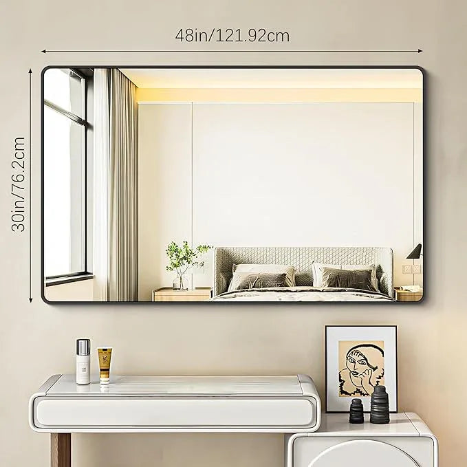 BONEWEI 30x48 inch Bathroom Mirror,Black Rectangle Mirror,Wall Mounted Bathroom Frame Vanity Mirror with Round Corner for Bedroom Living Room, Entryway Hangs Horizontal or Vertical - ModernBath
