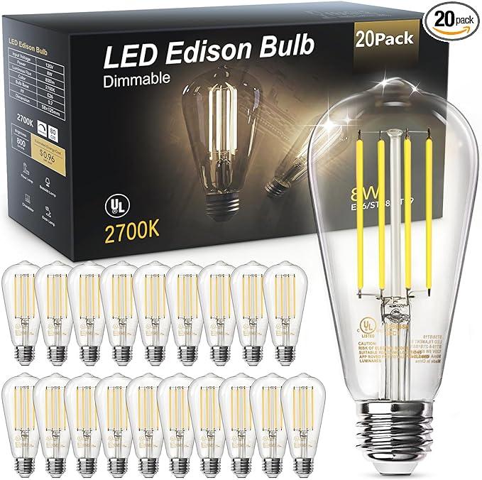 TJOY 20 Pack Vintage 8W ST58 LED Edison Light Bulbs, Dimmable, 60W Equivalent, 800Lumens, 2700K Warm White, E26 Base LED Filament Bulb, CRI80+, Antique Glass Style for Home, Bedroom, Office, Farmhouse - ModernBath