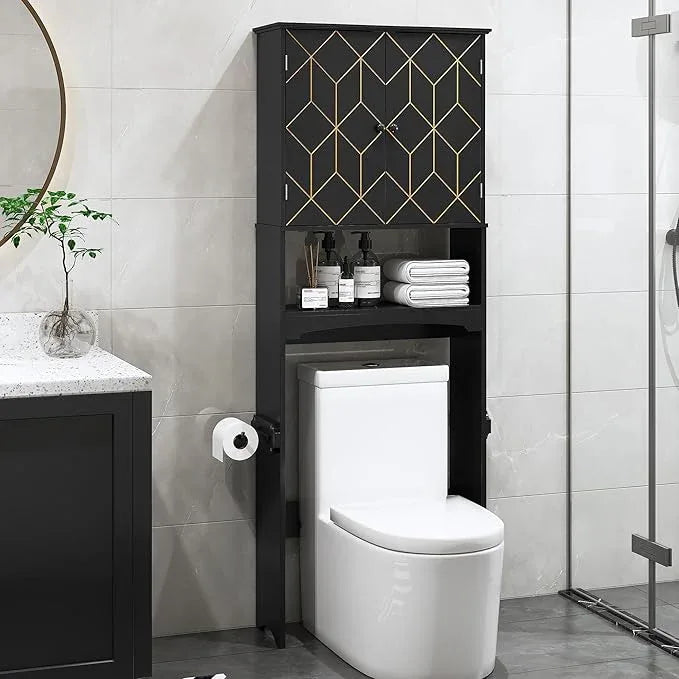 Over The Toilet Storage Cabinet with Gold Trim, Modern Bathroom Organizer Over Toilet with Adjustable Shelves and Toilet Paper Holder for Bathroom (Black) - ModernBath