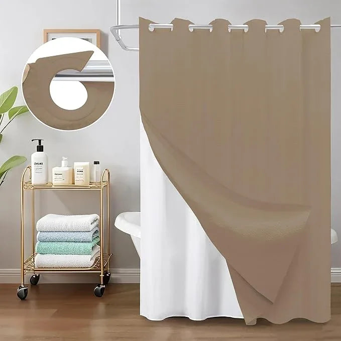 Inhousolu No Hook Waffle Weave Shower Curtain with Removable Snap in Fabric Liner Set for Bathroom, 230 GSM Heavy Duty Weighted Hem, Water Repellent Washable Bath Curtains, 72 x 78 Inch, Beige - ModernBath