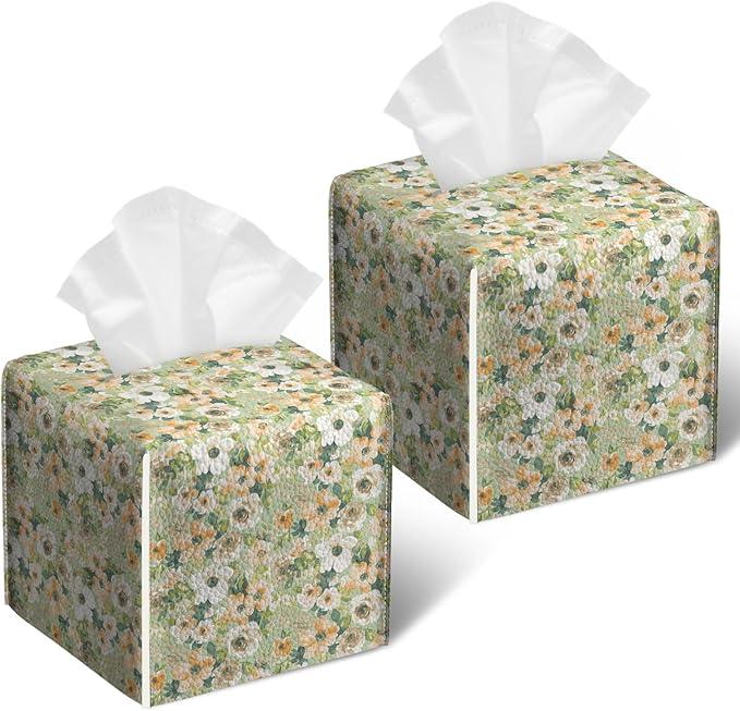 Watercolor Flower Tissue Box Cover 2PCS, Leather Tissue Box Holder Square Facial Paper Case Tissue Box Cube Organizer for Bathroom Bedroom Desk Office - ModernBath
