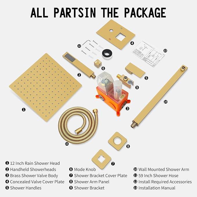 TENIGXT Bathroom Shower Faucet Set，12 Inch Rain Shower Head with Handheld Spray，Brass Shower Valve Trim Kit，Wall Mounted Square Rain Shower System (Brushed Gold) - ModernBath