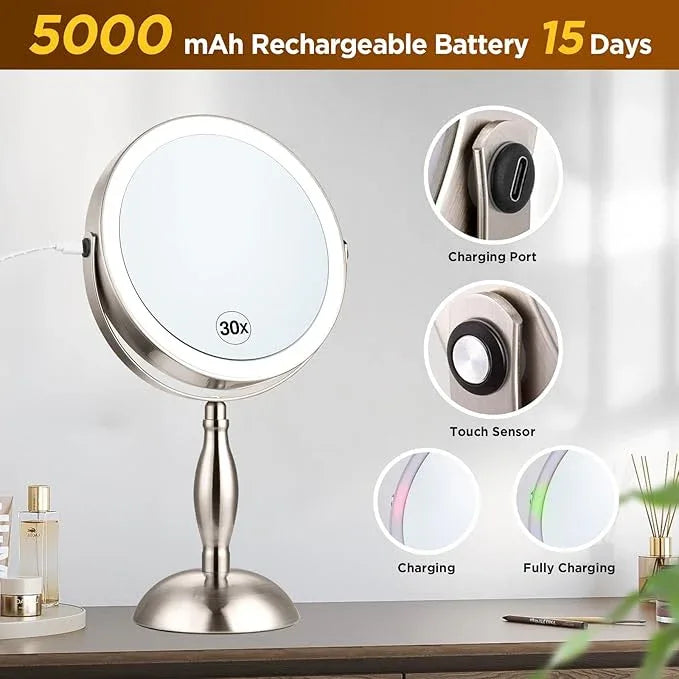 Makeup Mirror with Light, 30x Magnifying Mirror with 3 Lights Colors, 5000mAh Vanity Mirror Brushed Nickel - 360° Rotation, Brightness Adjustable Magnification, Modern Style Side Touch + Side Charge - ModernBath