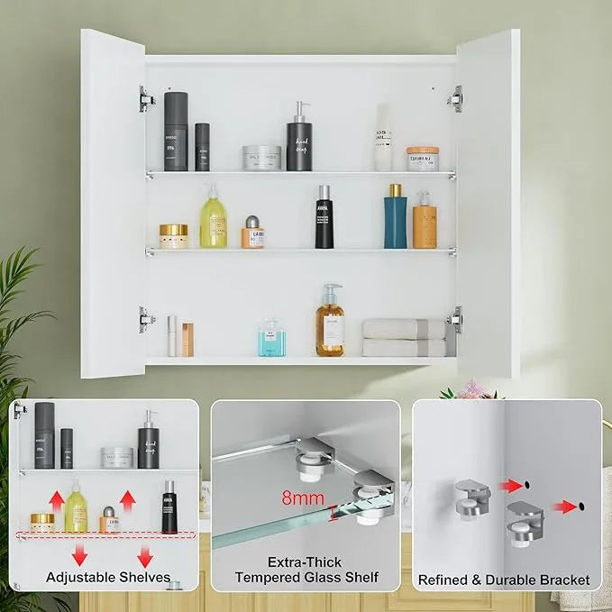 Buruis 30" x 30" Framed Medicine Cabinet with Mirror, Recessed or Wall Mounted Bathroom Cabinet, Adjustable Tempered Glass Shelves, Left/Right Open Reversible, No Assembly Required, White - ModernBath