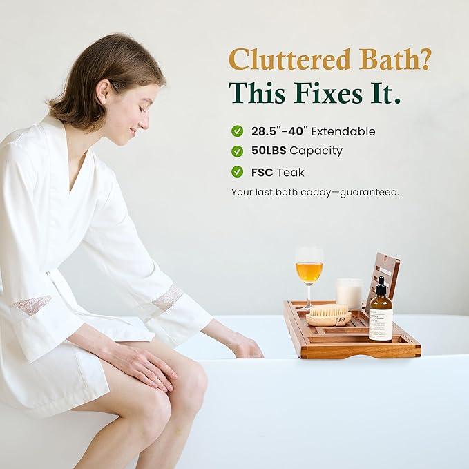 Realgulf Teak Bathtub Tray, Bath Caddy with Wine Glass Holder, Phone Dock & Book Stand | Hands-Free Reading & Ultimate Spa Relaxation Experience-Natural - ModernBath