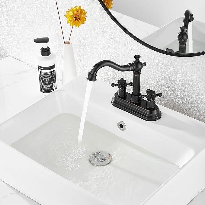 Bathroom Faucet Oil Rubbed Bronze GGStudy 2 Handles 4 Inches Centerset Bathroom Vanity with Drain Assembly and Supply Hose Lavatory Mixer Double Handle Tap - ModernBath