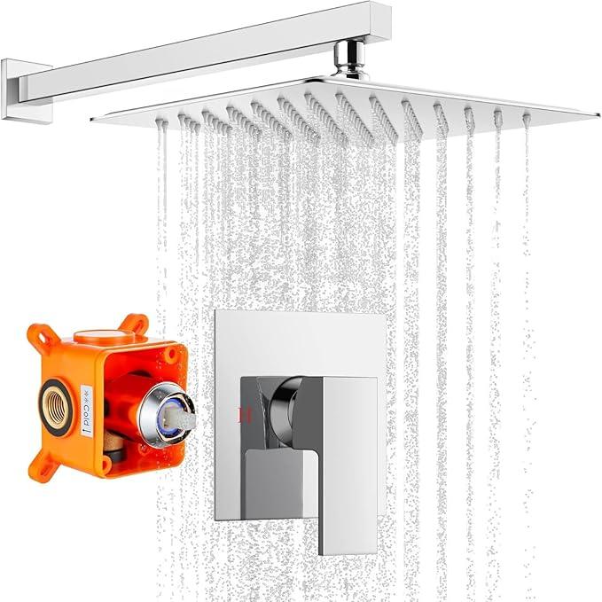 gotonovo Rainfall Shower Faucet Set System Shower Trim Kit with 10 Inch Rain Shower Head Bathroom Mixer Shower Complete Combo Single Handle Wall Mounted Female Thread Rough-in Valve Polished Chrome - ModernBath