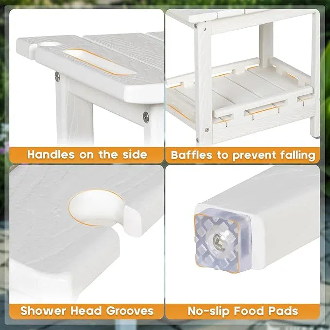 NALONE Shower Bench, HDPE Shower Benches with Storage Shelf & Handles, Indoor and Outdoor Use (White) - ModernBath