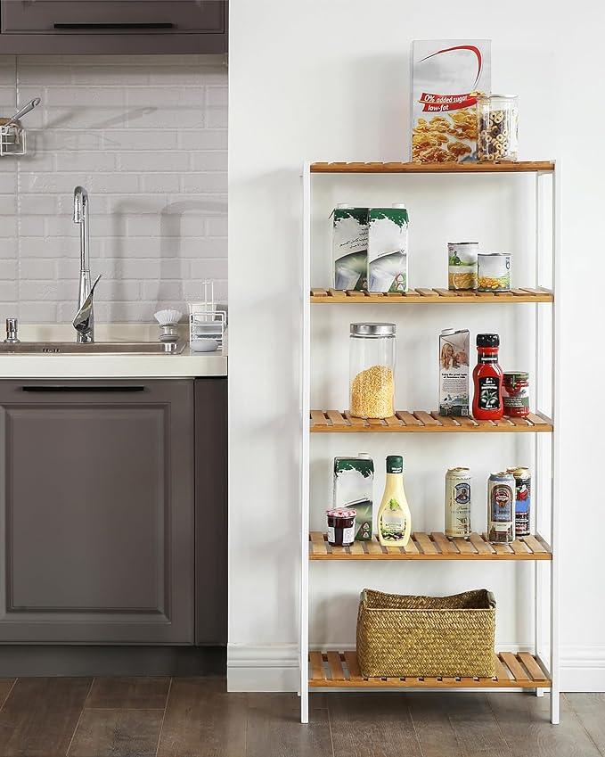 SONGMICS Bamboo Storage Shelf, 5-Tier Shelving Unit, Multifunctional, in The Entryway, Bathroom, Living Room, Balcony, Kitchen, 10.2 x 23.6 x 51.2 Inches, Cloud White and Light Bamboo UBCB35WN - ModernBath